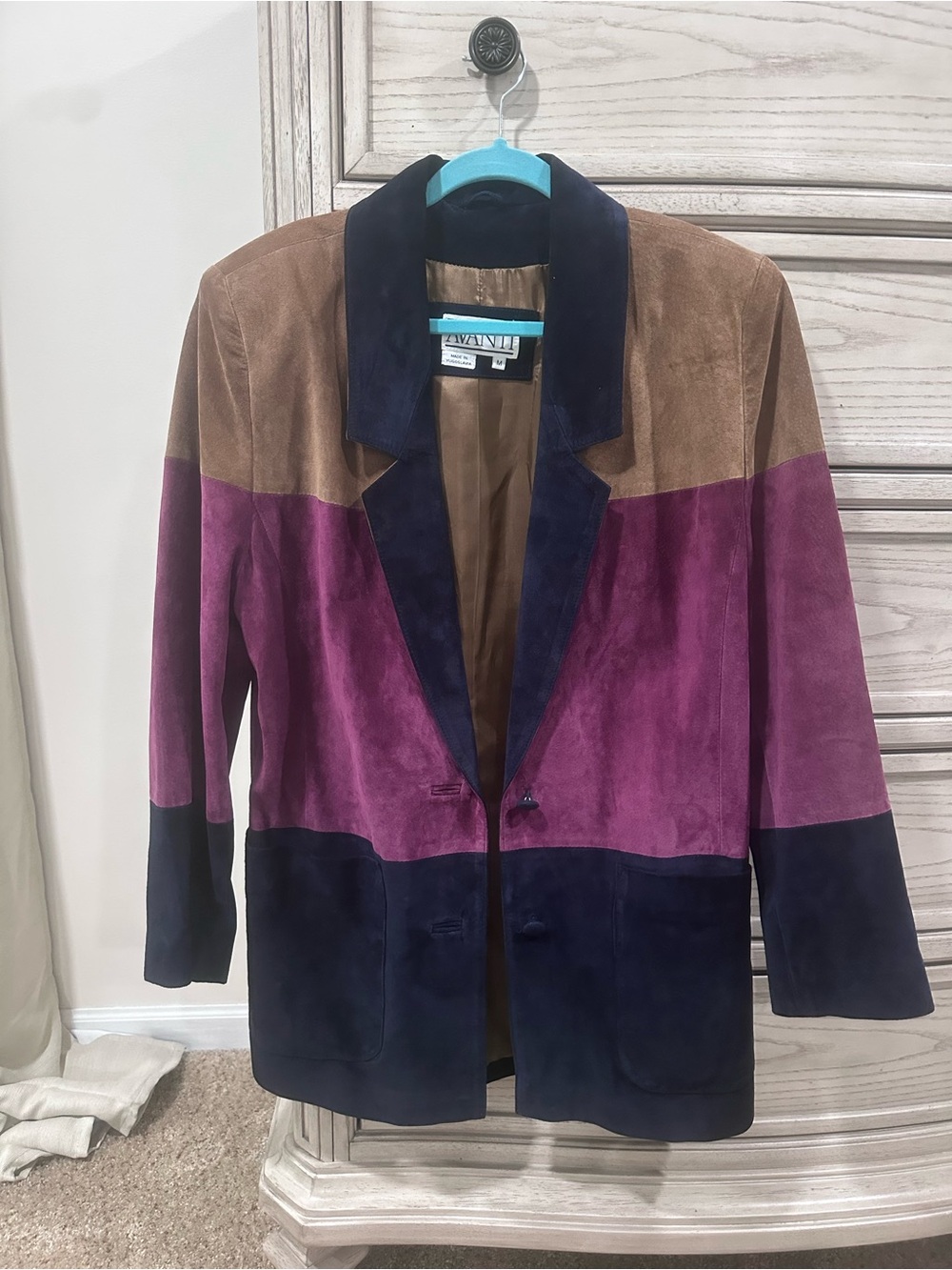 Avanti Suede Colorblock Blazer in Brown, Magenta & Navy